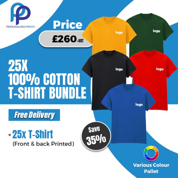 100% Cotton Tshirt Bundle - Pack of 25 with Front & back Printed Thumbnail